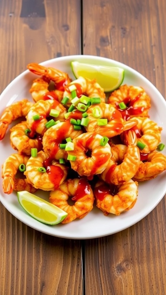 Healthy Air Fryer Bang Bang Shrimp Recipe Crispy air fryer bang bang shrimp garnished with green onions and lime wedges on a rustic table.